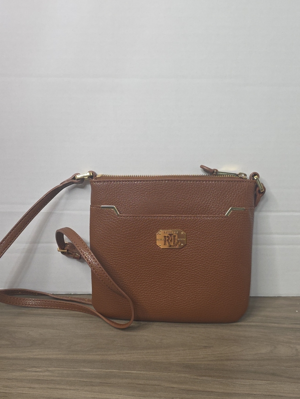 Ralph Lauren Chestnut Pebbled Leather Crossbody with Gold Hardware